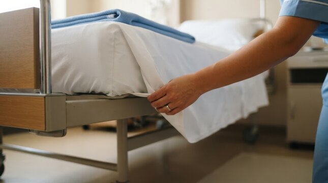 Female nurse making hospital bed in a patient room, healthcare concept for professional medical care