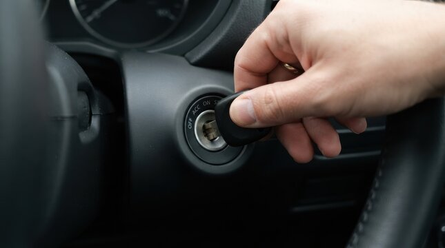 Driver starting car engine with ignition key in vehicle dashboard close-up