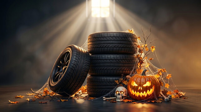 Car tires stacked with jack o lantern pumpkin and skull in Halloween setting. Spooky garage decoration with glowing light and cobwebs. Automotive industry autumn festival celebration