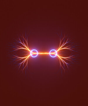 Electric Discharge Between Glowing Plasma Spheres with Lightning Arcs on Red Background