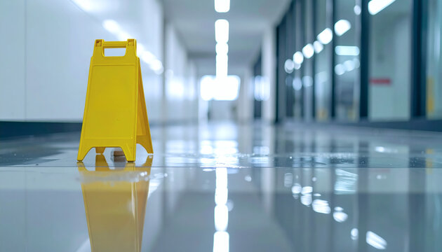 Yellow wet floor sign standing on a slippery hallway surface inside a modern commercial building with bright lighting background