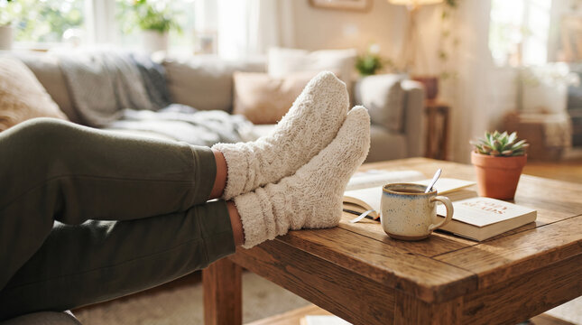 Woman relaxing at home with feet on coffee table wearing fuzzy socks. Leisure activity with cup of tea and open book. Cozy interior atmosphere during cold season lifestyle concept