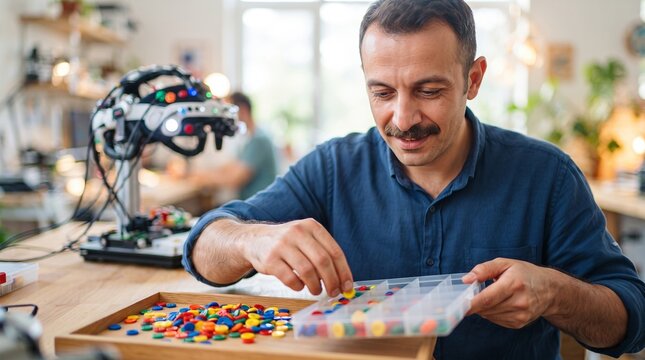 Man electronics engineer assembling custom robot hardware in laboratory. Robotics expert working on electronic device prototype. Innovative technology development and robotic engineering concept