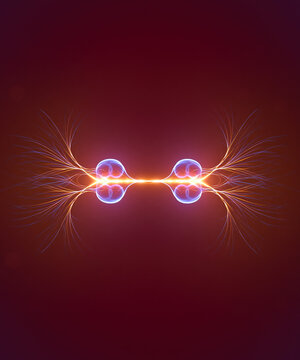 Electric Discharge Between Glowing Plasma Spheres with Lightning Arcs on Red Background