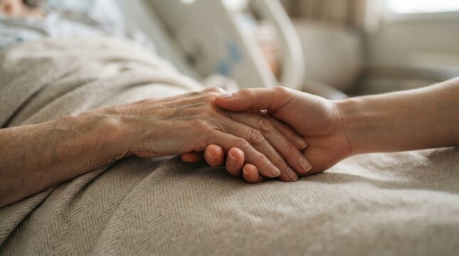 Elderly patient hand held by caregiver in hospital bed providing compassion, comfort, and support during palliative care and recovery