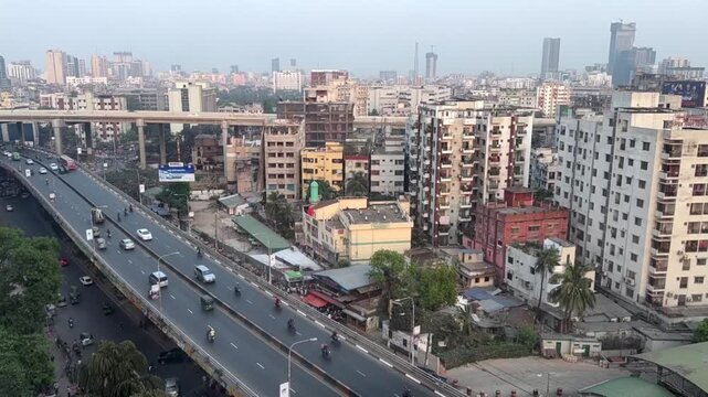 Timelapse of Vehicles Moving on Modern Elevated Flyover Through Dhaka City Bangladesh