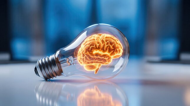 A glowing brain inside a light bulb on a desk symbolizing creativity, intelligence, and innovative thinking