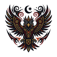 Fototapeta premium Tribal Eagle Emblem Vector Illustration with Crescent Moon Celestial Tattoo Design