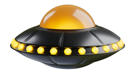 Black flying saucer with glowing yellow lights and dome, isolated on transparent background © STUDIOP
