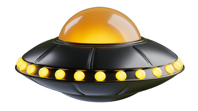 Black flying saucer with glowing yellow lights and dome, isolated on transparent background