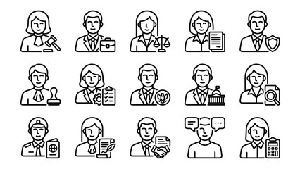 Fototapeta premium Diverse professional headshots with icons representing various occupations and legal fields