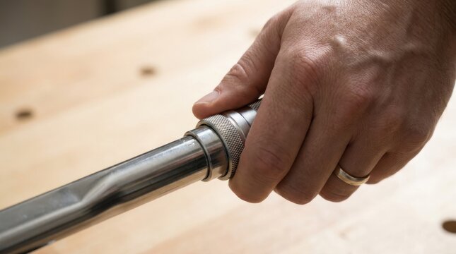 Adult male hand adjusting a precise mechanical torque wrench tool on a wooden workshop workbench