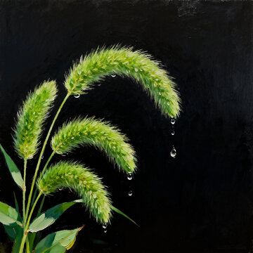 Impasto Oil Painting Green Foxtail Grass With Dew Drops