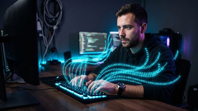 Commercial conceptual technology photography of a focused young male developer typing on a laptop with luminous binary numbers floating out of the glowing screen &ndash; software engineering, cybersecurity,