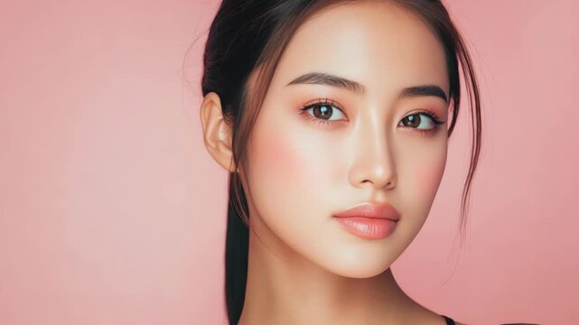 Soft pink background behind a young woman's face. Her dark hair is pulled back neatly. Eyes are large, gentle, and naturally focused. Lips are softly parted, showing a calm expression