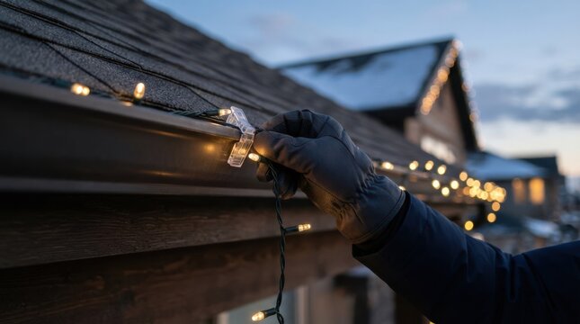 Person wearing gloves hanging Christmas string lights on a house roof gutter for winter holidays