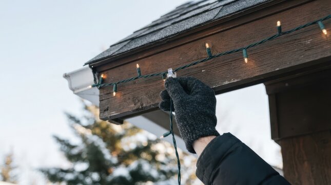 Person hanging Christmas lights on the roof eaves for winter holiday decoration