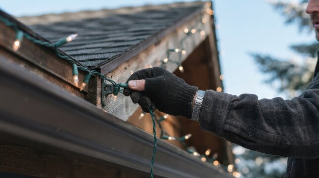 Man hanging Christmas lights on the roof of a house, decorating for the winter holidays