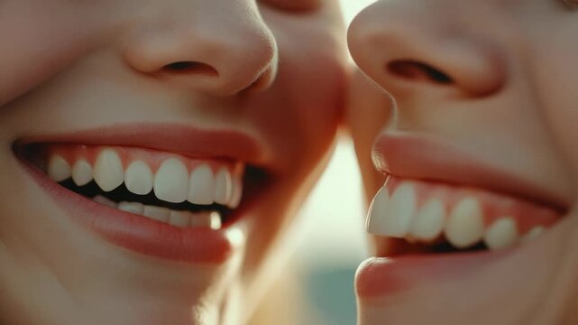 A close-up of a young woman smiling brightly at the camera, showing her clean white teeth and clear complexion. She appears cheerful and happy.