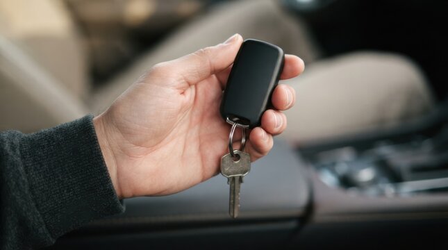 Person holding a car key fob and metal key inside a vehicle representing purchase ownership and transport