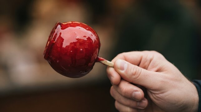 Red candy apple on a stick held by hand, sweet carnival treat representing autumn fairs and festive treats