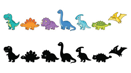 Colorful cartoon dinosaurs and their black silhouette counterparts arranged in a row © Halima
