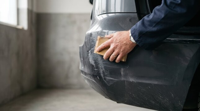Mechanic sanding and repairing a scratched car bumper in an auto body repair shop for automotive maintenance