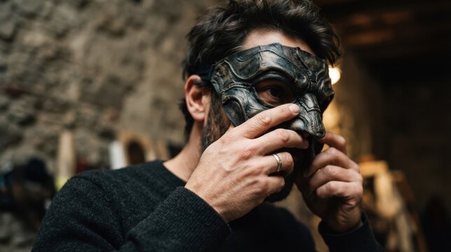 Middle-aged bearded man putting on a handmade leather fantasy mask in a workshop