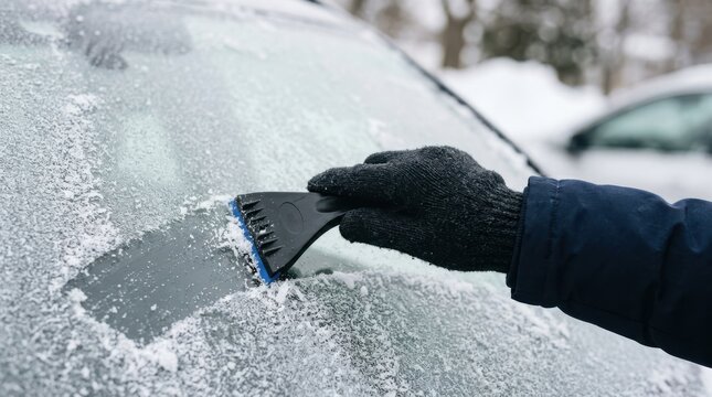 Person scraping frost and ice from a car windshield on a cold winter morning using an ice scraper
