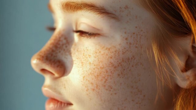 Soft sunlight glows on freckled cheek and nose. Gentle profile shows thoughtful gaze and warm light. Red hair frames face against calm, muted background. Delicate features highlight natural beauty