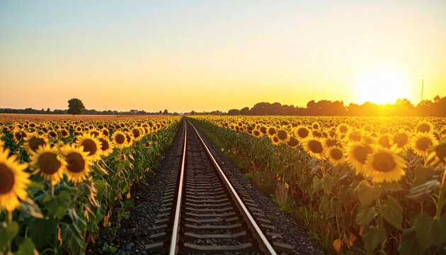 Sunflower field surrounding old railway tracks during a vibrant golden sunset with warm light stretching across the rural horizon