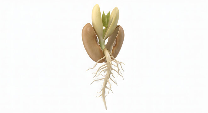 High-Fidelity 3D Scientific Illustration of a Germinating Seed with Root System Isolated on White