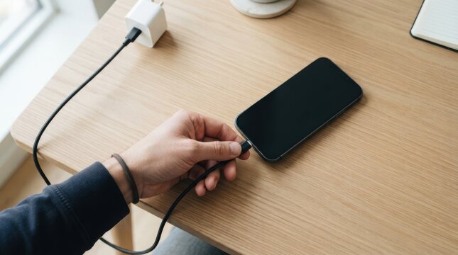Young adult plugging a black smartphone into a USB charger on a wooden desk at home