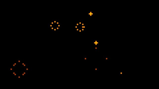 Pixel art sparklingwinking stars. Vintage pixelated fierworks in retro 8 bit arcade game style. 4K footage on black background.
