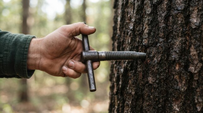 A male forester uses an increment borer to extract a wood core sample from a pine tree trunk in a forest