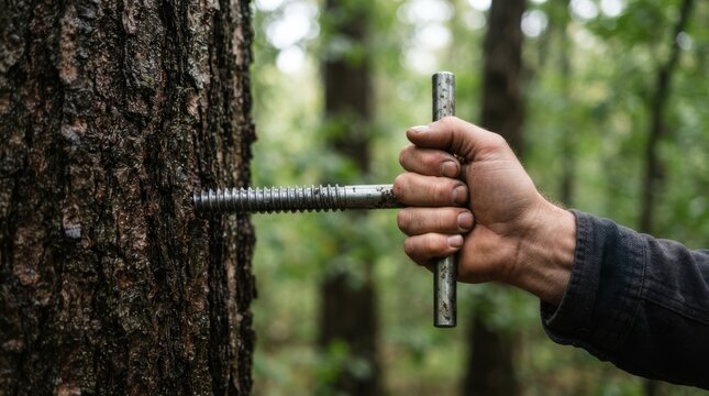 Forester using an increment borer tool to extract a wood core sample from a pine tree trunk in a forest