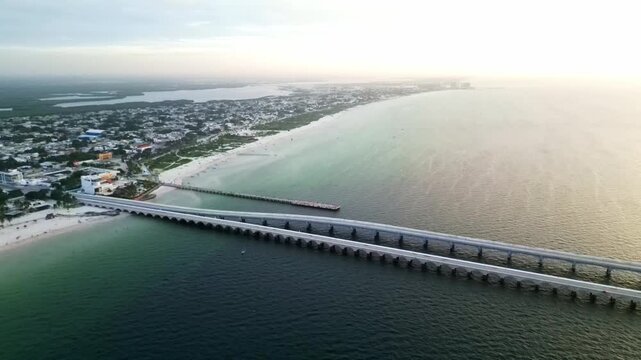 Aerial view of Progreso beach and pier in Yucatan, Mexico