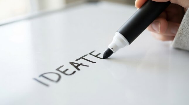 Person writing the word ideate with a black marker on a white board for creative business brainstorming
