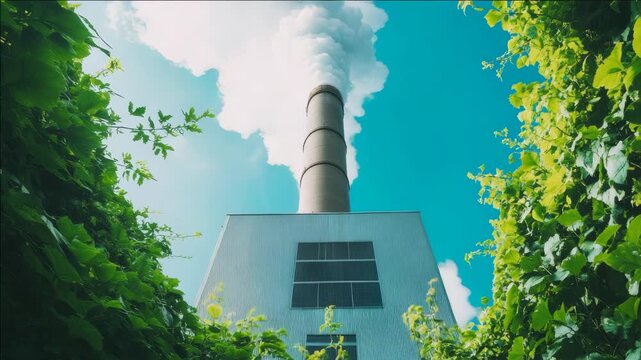 Tall chimney emits smoke against clear blue sky. Lush green foliage frames industrial structure. Bright sunlight enhances natural and man-made elements