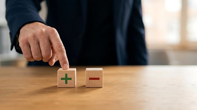 Man choosing between plus and minus symbols on wooden cubes