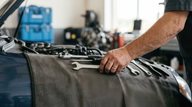 Professional male mechanic picking up a wrench from a fender cover in an auto repair shop