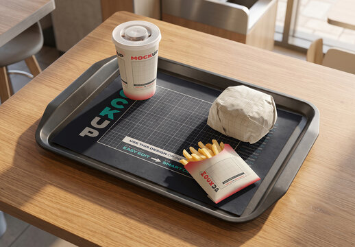 Fast Food Tray Complete Food Branding Mockup in Restaurant