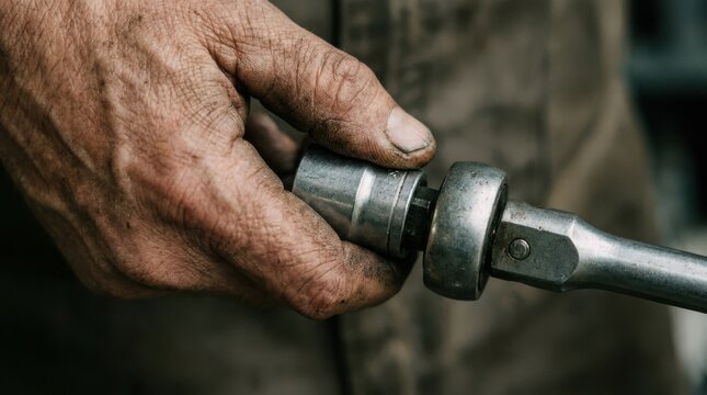 Mechanic holding socket wrench in workshop representing manual labor and automotive repair