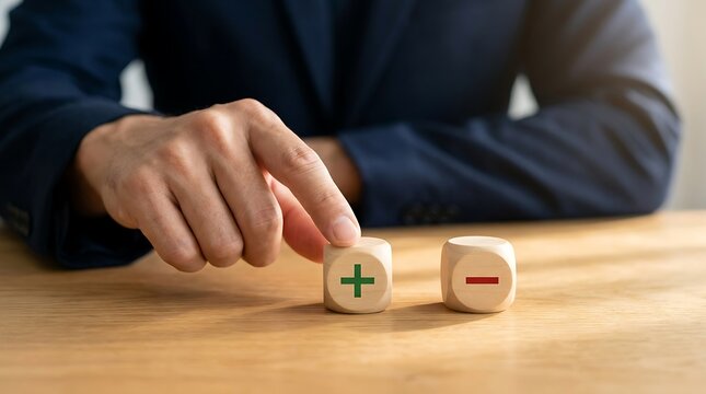 Man's hand touches wooden cube with green plus symbol