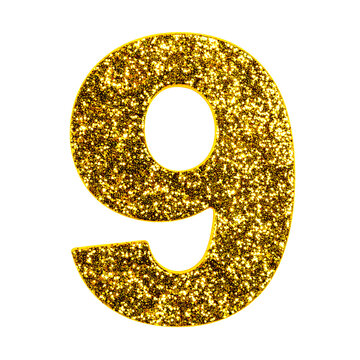 Number nine symbol crafted from sparkling golden glitter texture featuring a luxury metallic finish with sharp edges for decorative graphic design projects&nbsp;