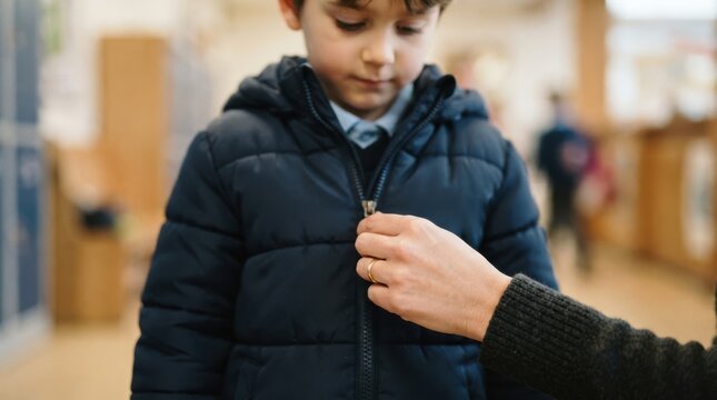 A caring mother zipping up the winter jacket of her young Caucasian son inside a school hallway