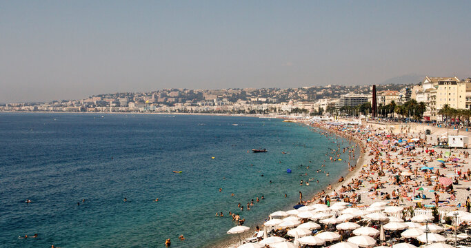 Summer beach panorama across Baie des Anges, Nice, France