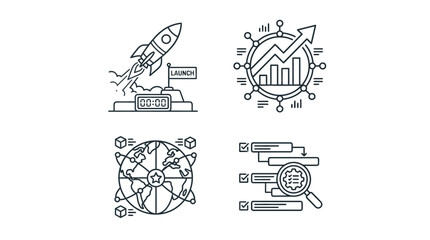 Fototapeta premium Set of Linear Business Development and Project Management Process Icons Featuring Growth Strategy and Global Expansion Concepts