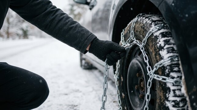Man fitting snow chains on a car tire for safe winter driving on snowy roads