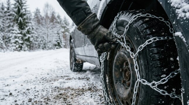 Person installing winter tire chains on a car wheel for safe driving in snowy weather conditions